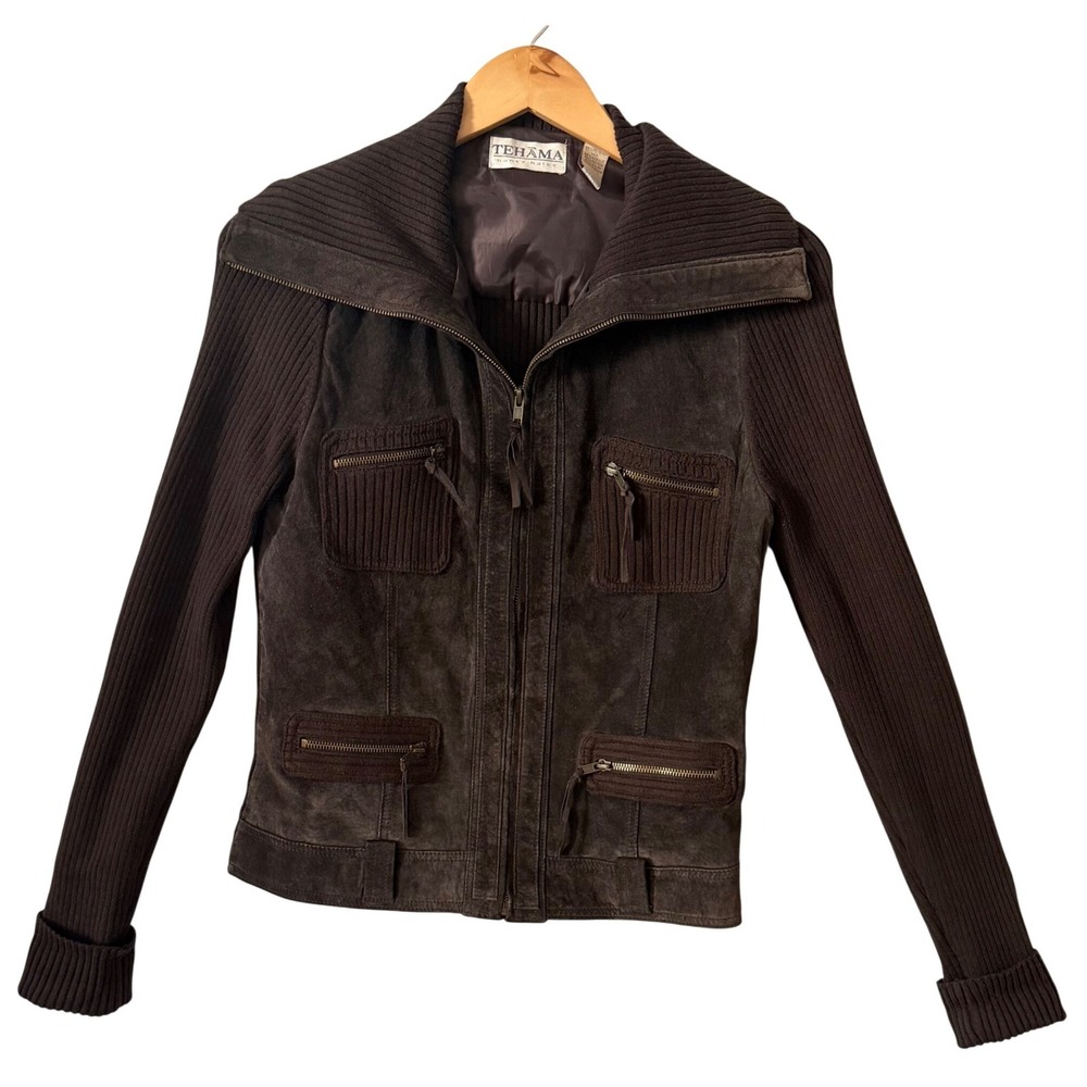 Vintage Women Sz M Brown Suede Leather Ribbed Jacket Dark Academia Layering Moto